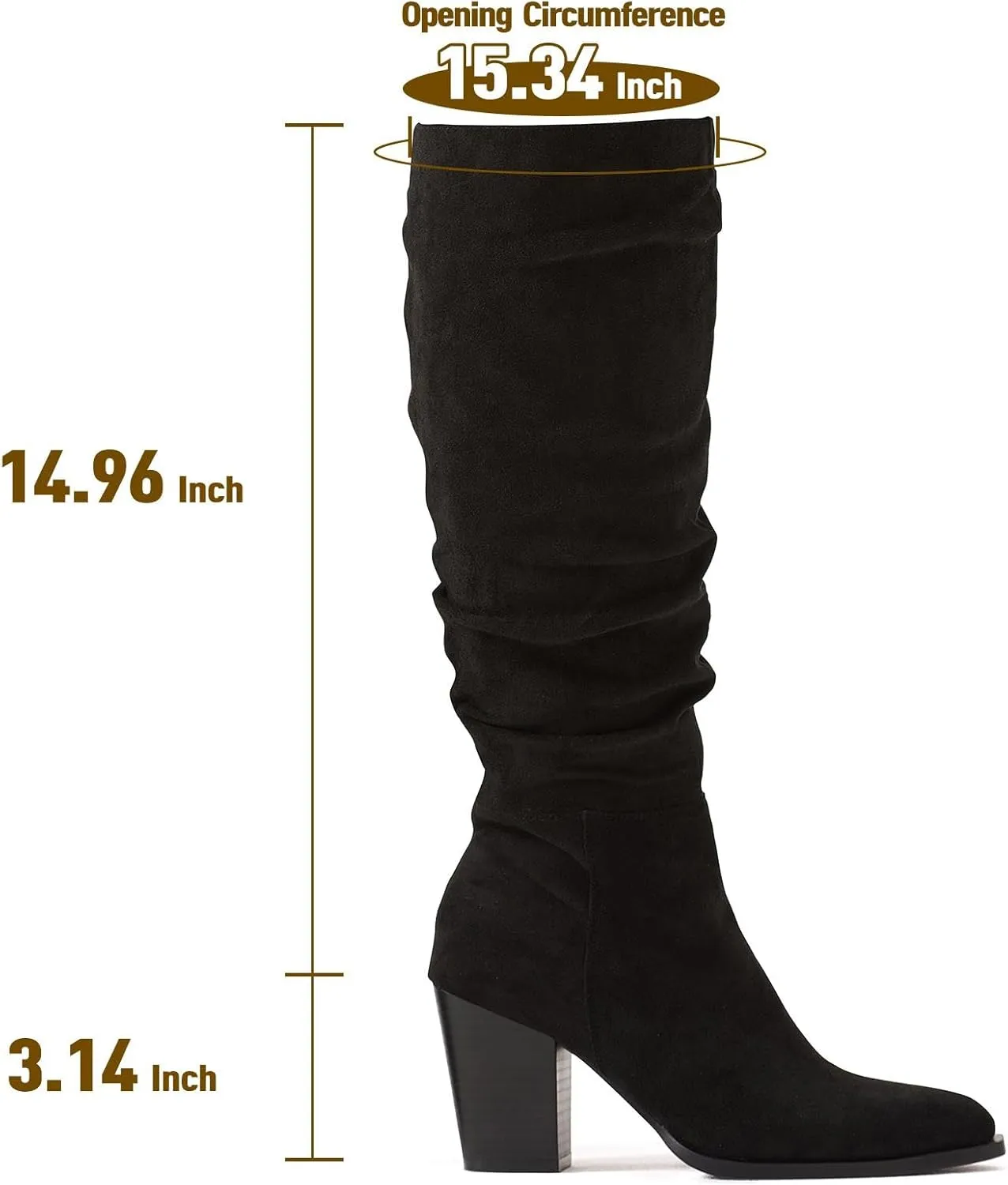 Putu Women's Pointed Toe Knee High Boots Faux Suede Slouch Boots with Chunky Heel