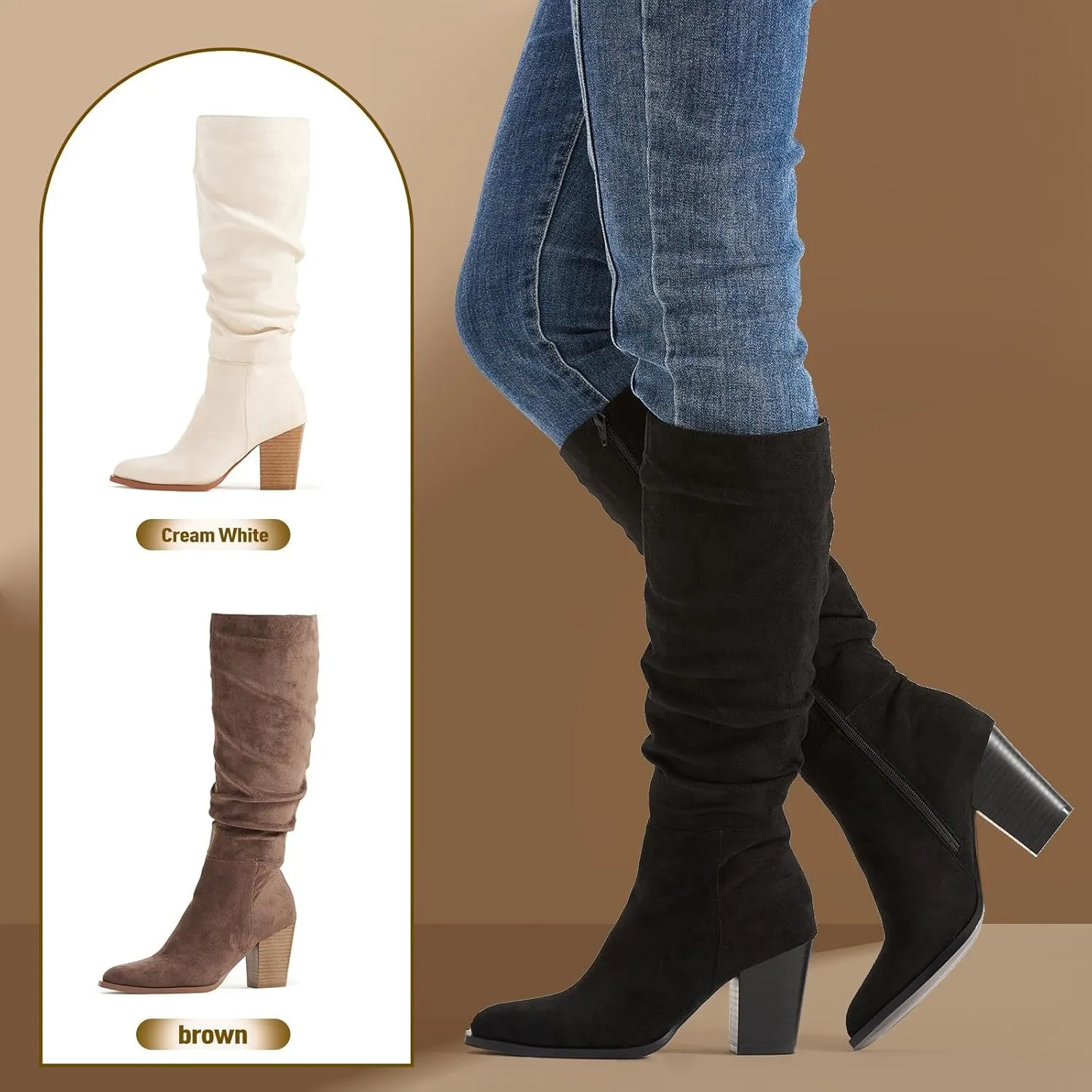 Putu Women's Pointed Toe Knee High Boots Faux Suede Slouch Boots with Chunky Heel