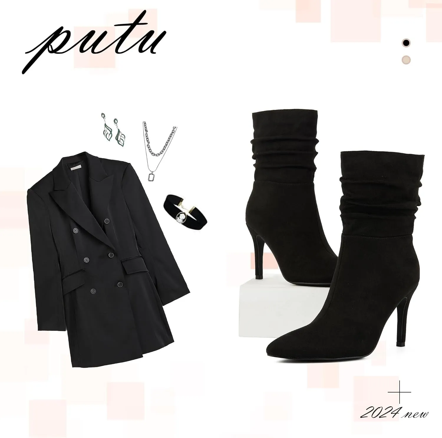Putu Women's Stiletto High Heel Boots Slouchy Ankle Boots Sexy Dress Boots