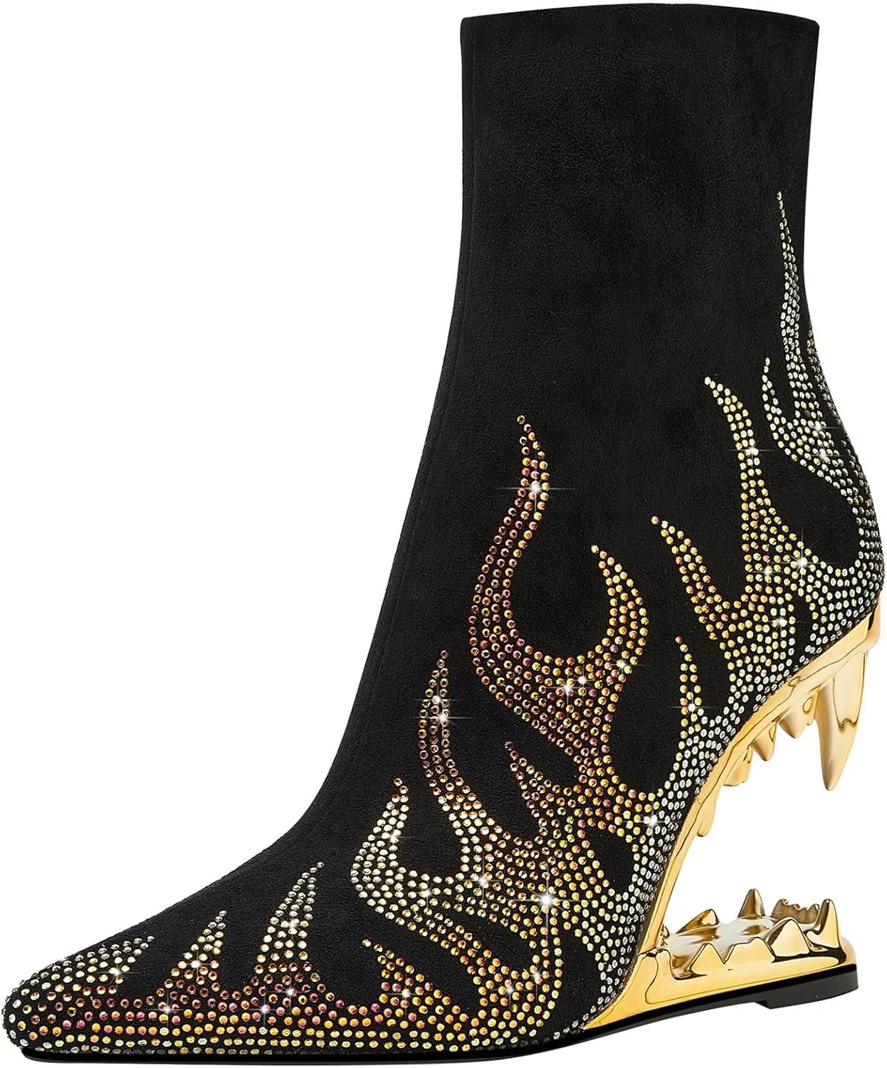 Rhinestone Sparkling Ankle Boots for Women Flame Shark Teeth Heel Booties Tiger Tooth High Heeled Glitter Boots