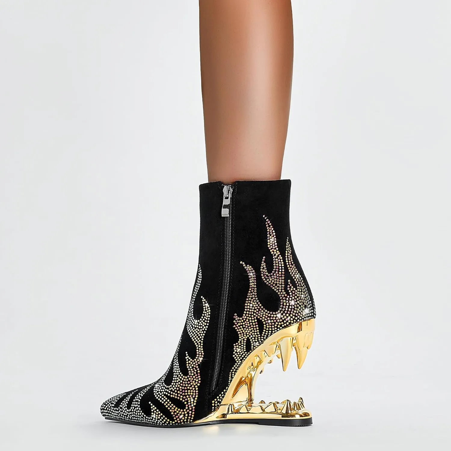 Rhinestone Sparkling Ankle Boots for Women Flame Shark Teeth Heel Booties Tiger Tooth High Heeled Glitter Boots