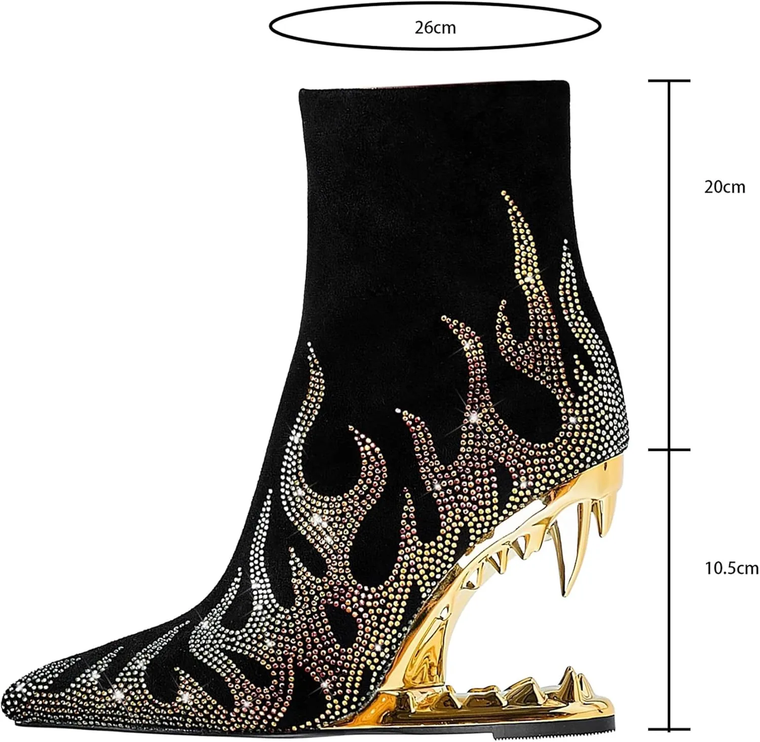 Rhinestone Sparkling Ankle Boots for Women Flame Shark Teeth Heel Booties Tiger Tooth High Heeled Glitter Boots