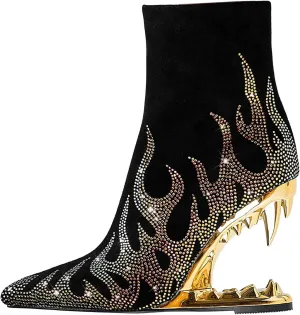 Rhinestone Sparkling Ankle Boots for Women Flame Shark Teeth Heel Booties Tiger Tooth High Heeled Glitter Boots