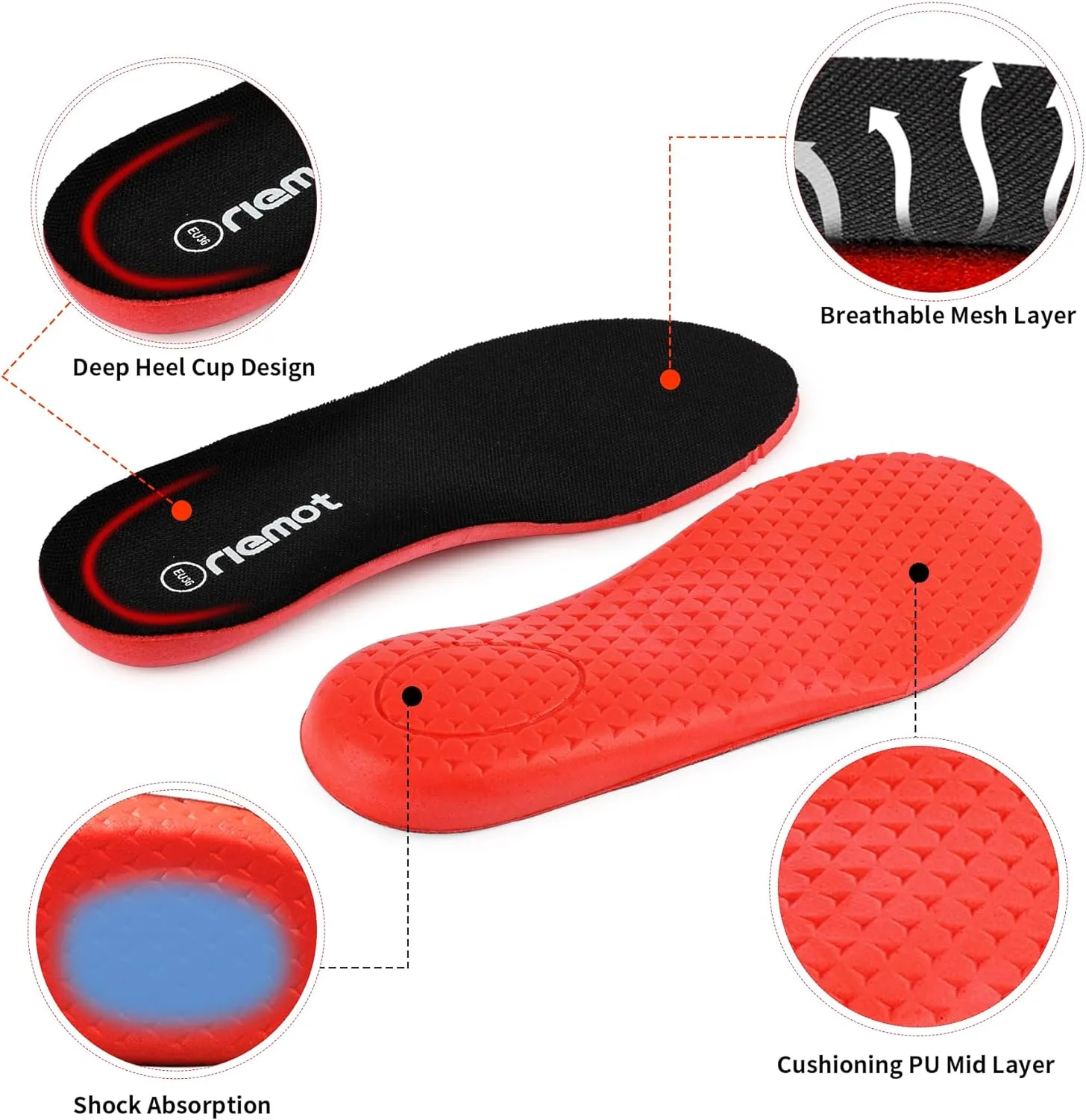 riemot Fitness Running Insoles for Men Comfortable Arch Support Inserts Plantar Fasciitis Relief Insoles Cushioning Athletic Gel Insoles for Sneakers,Hiking Shoes Black US9.5/ EU42.5