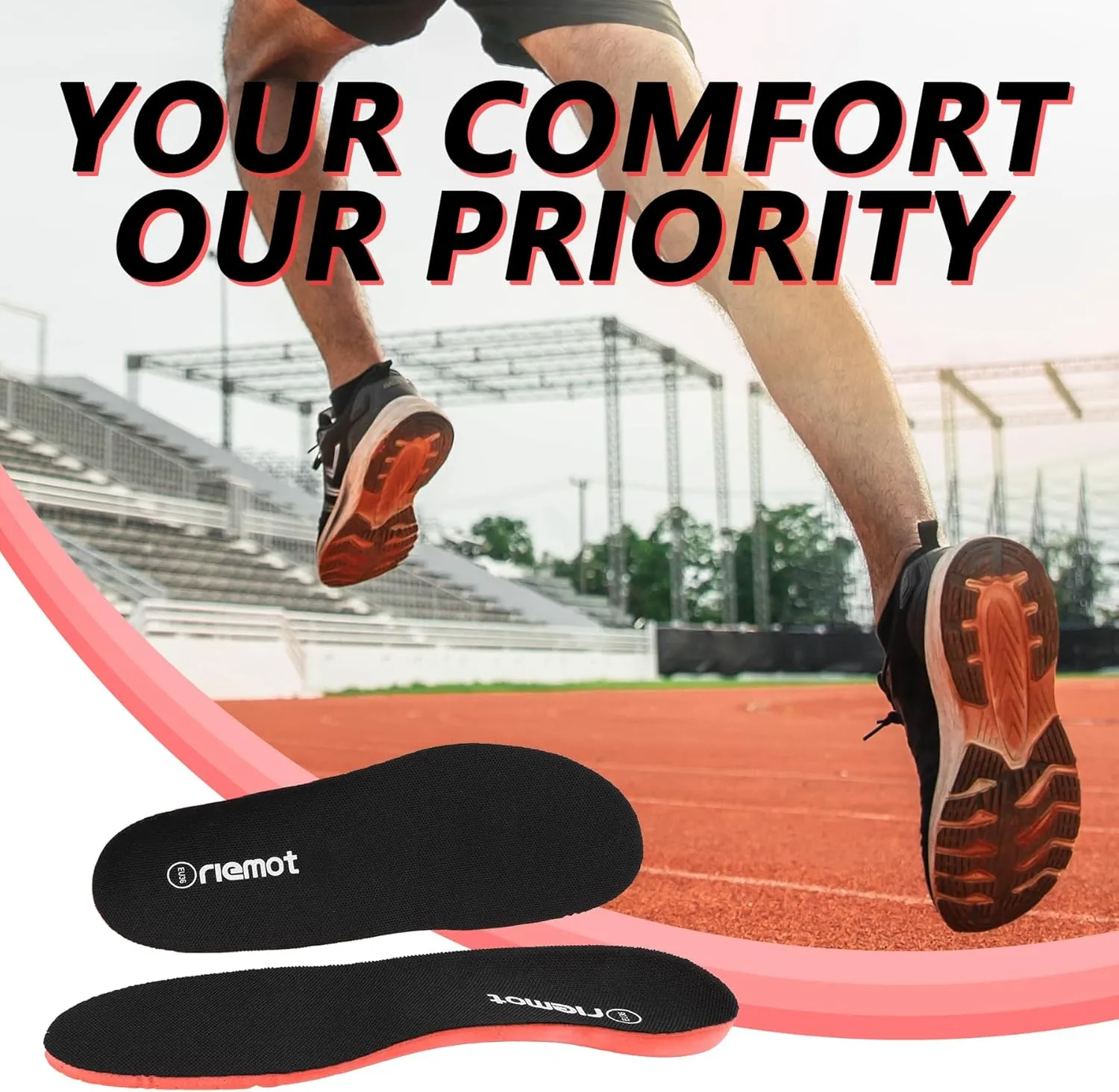 riemot Fitness Running Insoles for Men Comfortable Arch Support Inserts Plantar Fasciitis Relief Insoles Cushioning Athletic Gel Insoles for Sneakers,Hiking Shoes Black US9.5/ EU42.5