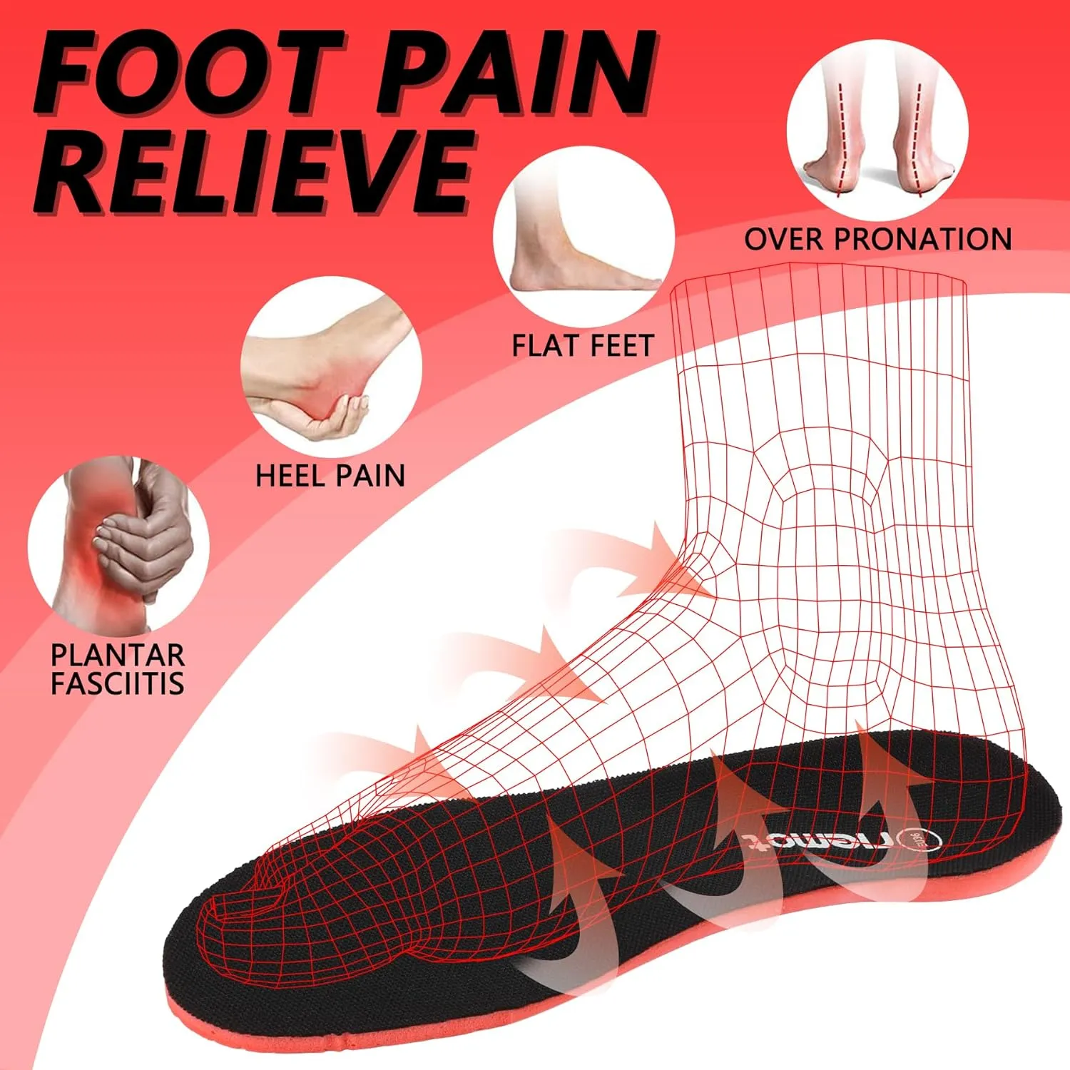 riemot Fitness Running Insoles for Men Comfortable Arch Support Inserts Plantar Fasciitis Relief Insoles Cushioning Athletic Gel Insoles for Sneakers,Hiking Shoes Black US9.5/ EU42.5