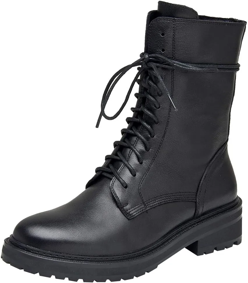 rismart Women's Mid Calf Military Boots Leather Lace Up Motorcycle Combat Shoes