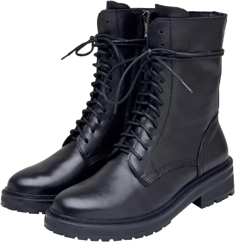 rismart Women's Mid Calf Military Boots Leather Lace Up Motorcycle Combat Shoes
