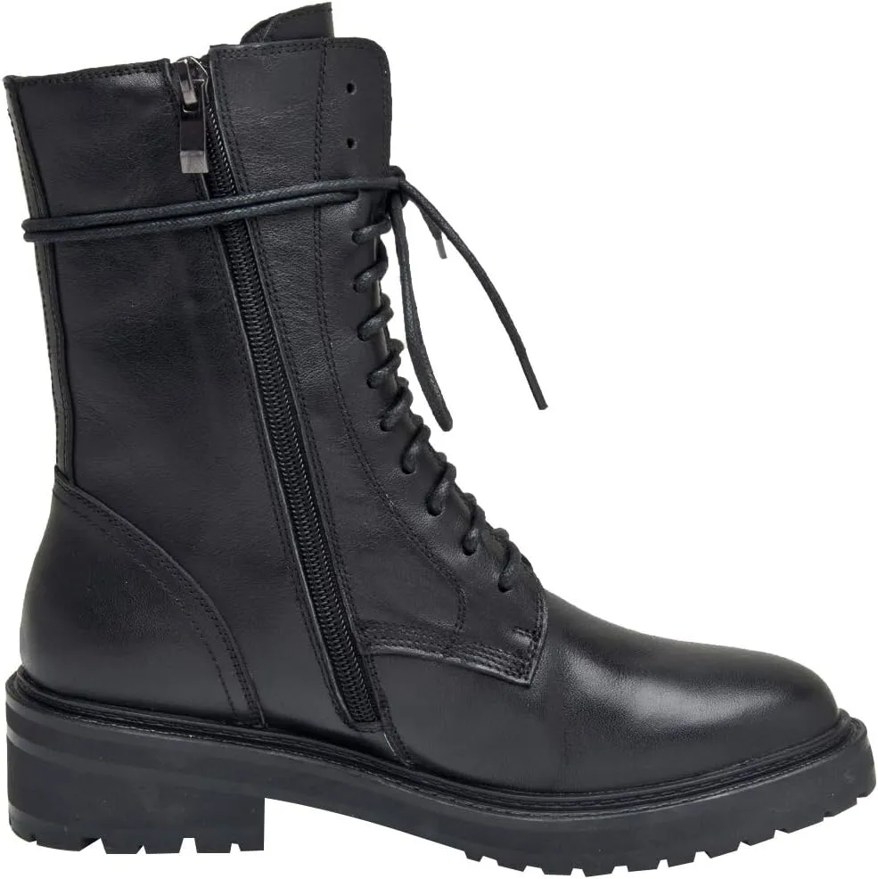 rismart Women's Mid Calf Military Boots Leather Lace Up Motorcycle Combat Shoes