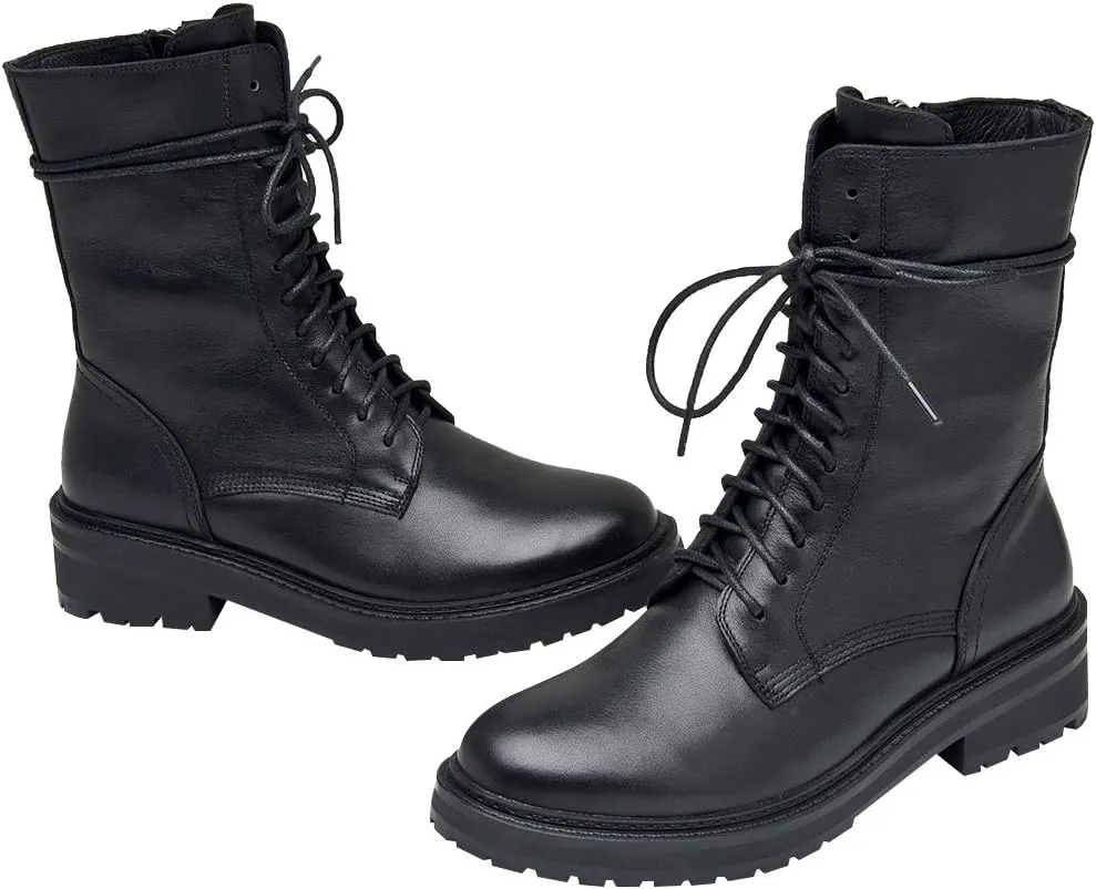 rismart Women's Mid Calf Military Boots Leather Lace Up Motorcycle Combat Shoes