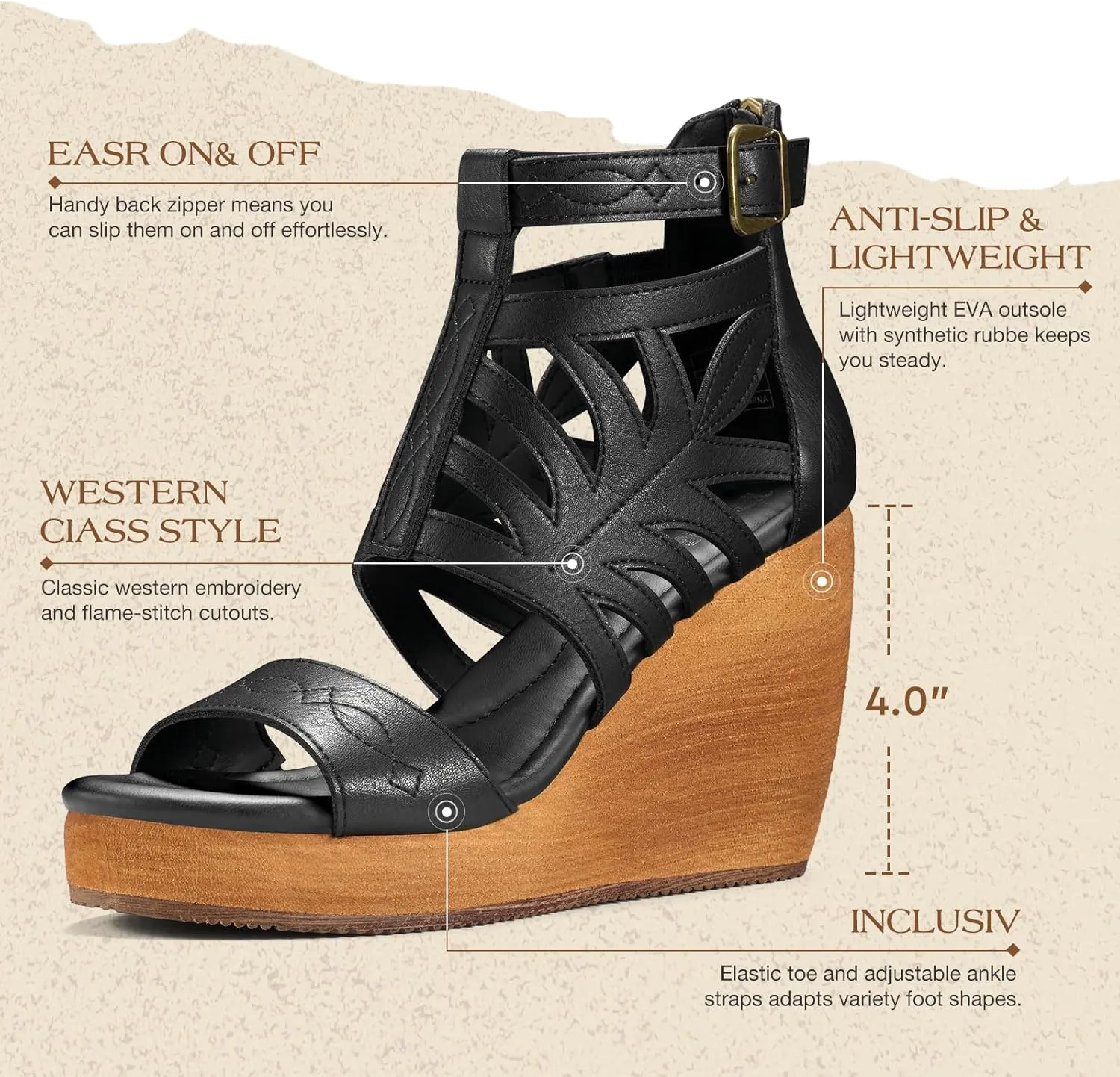 Rollda Women's Wedge Sandals, Platform Sandals High Heels for Women, Fashion Dressy Casual Sandals 2025, Comfortable Open Toe Brown Summer Shoes with Back Zipper Design, Adjustable Ankle Strap