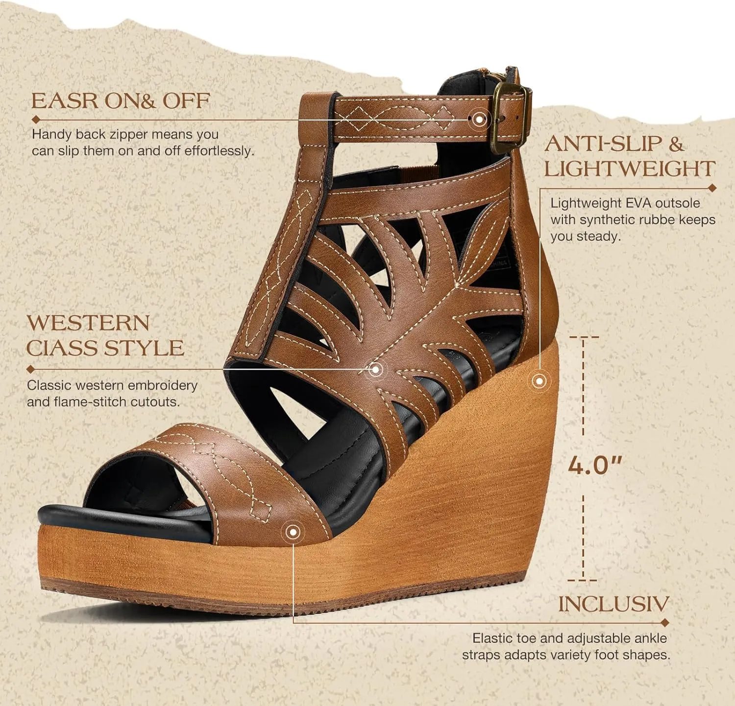 Rollda Women's Wedge Sandals, Platform Sandals High Heels for Women, Fashion Dressy Casual Sandals 2025, Comfortable Open Toe Brown Summer Shoes with Back Zipper Design, Adjustable Ankle Strap
