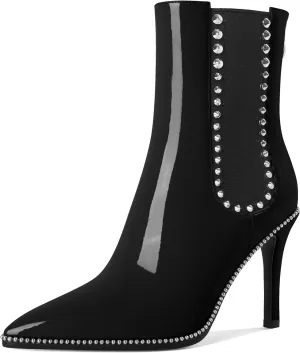 SAMMITOP Women's Pointed Toe Ankle Boots Stiletto High Heel Chelsea Boots Fashion Silver Beaded Rivets Dress Short Booties Shoes with Back Zipper 4 Inch