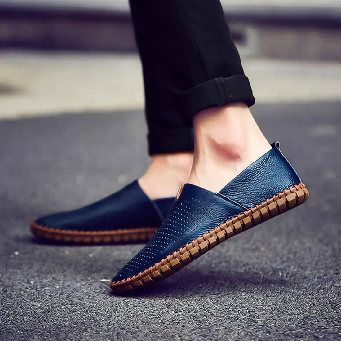 Santimon Men's Leather Espadrille Slip-On Plain Toe Casual Breathable Shoes
