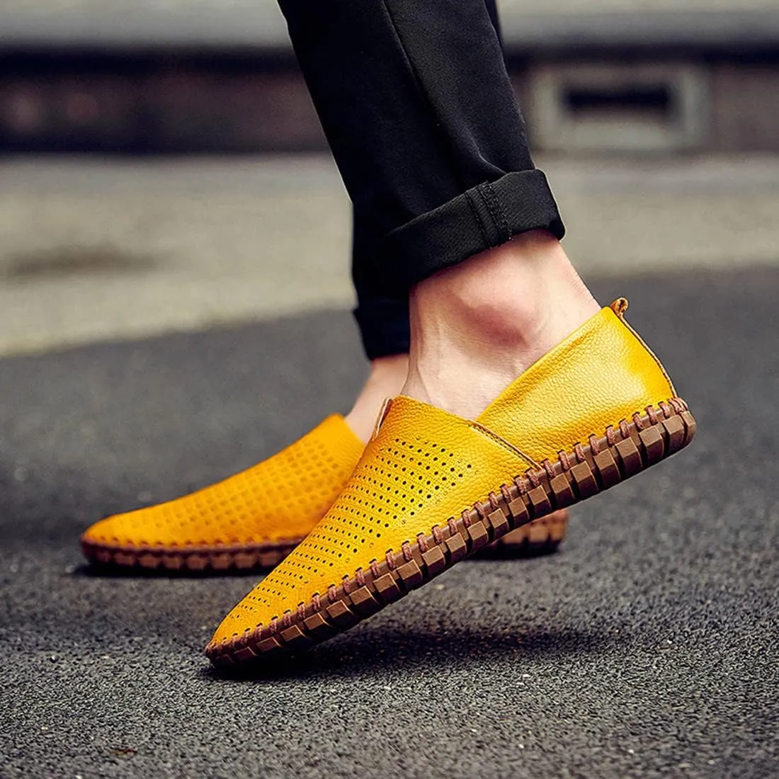 Santimon Men's Leather Espadrille Slip-On Plain Toe Casual Breathable Shoes