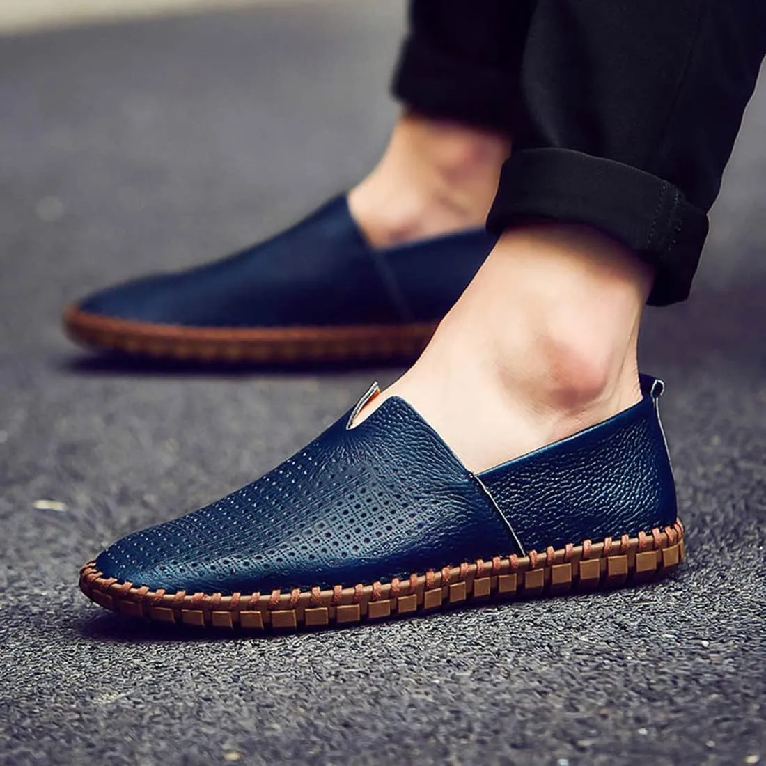 Santimon Men's Leather Espadrille Slip-On Plain Toe Casual Breathable Shoes