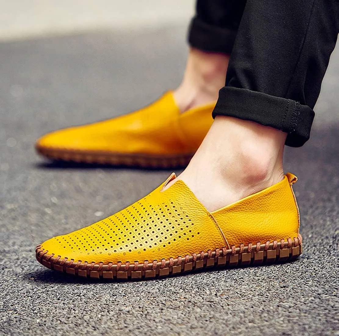 Santimon Men's Leather Espadrille Slip-On Plain Toe Casual Breathable Shoes