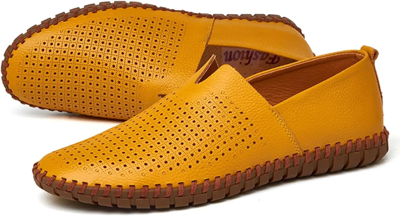 Santimon Men's Leather Espadrille Slip-On Plain Toe Casual Breathable Shoes