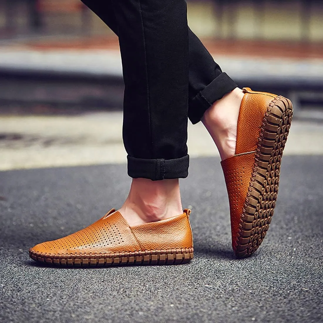 Santimon Men's Leather Espadrille Slip-On Plain Toe Casual Breathable Shoes