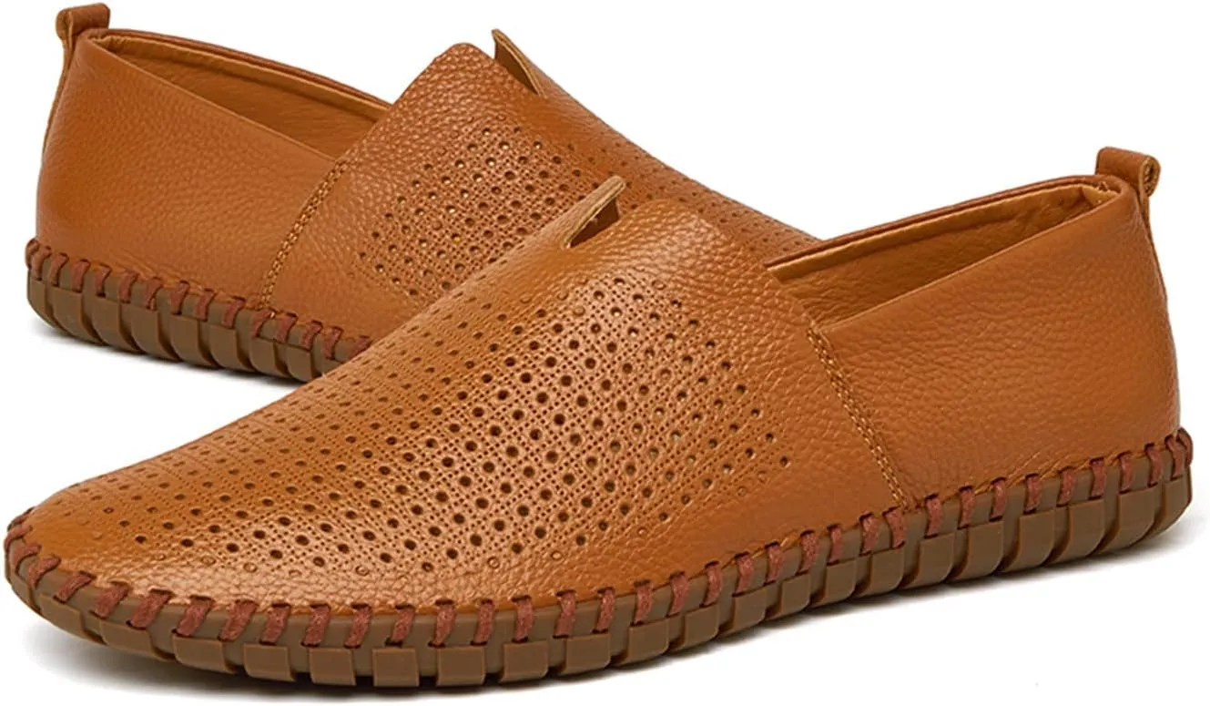 Santimon Men's Leather Espadrille Slip-On Plain Toe Casual Breathable Shoes