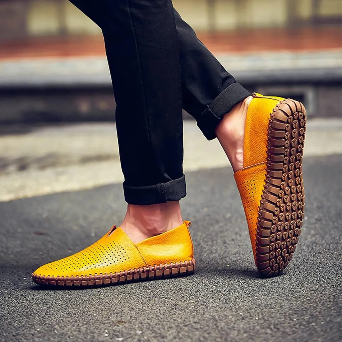 Santimon Men's Leather Espadrille Slip-On Plain Toe Casual Breathable Shoes