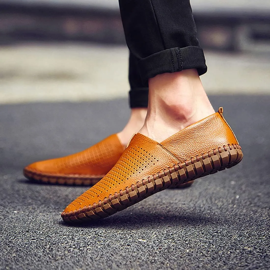 Santimon Men's Leather Espadrille Slip-On Plain Toe Casual Breathable Shoes