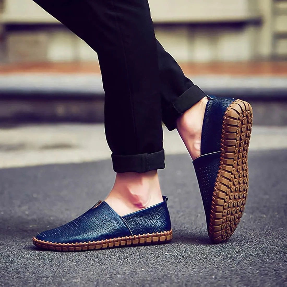 Santimon Men's Leather Espadrille Slip-On Plain Toe Casual Breathable Shoes