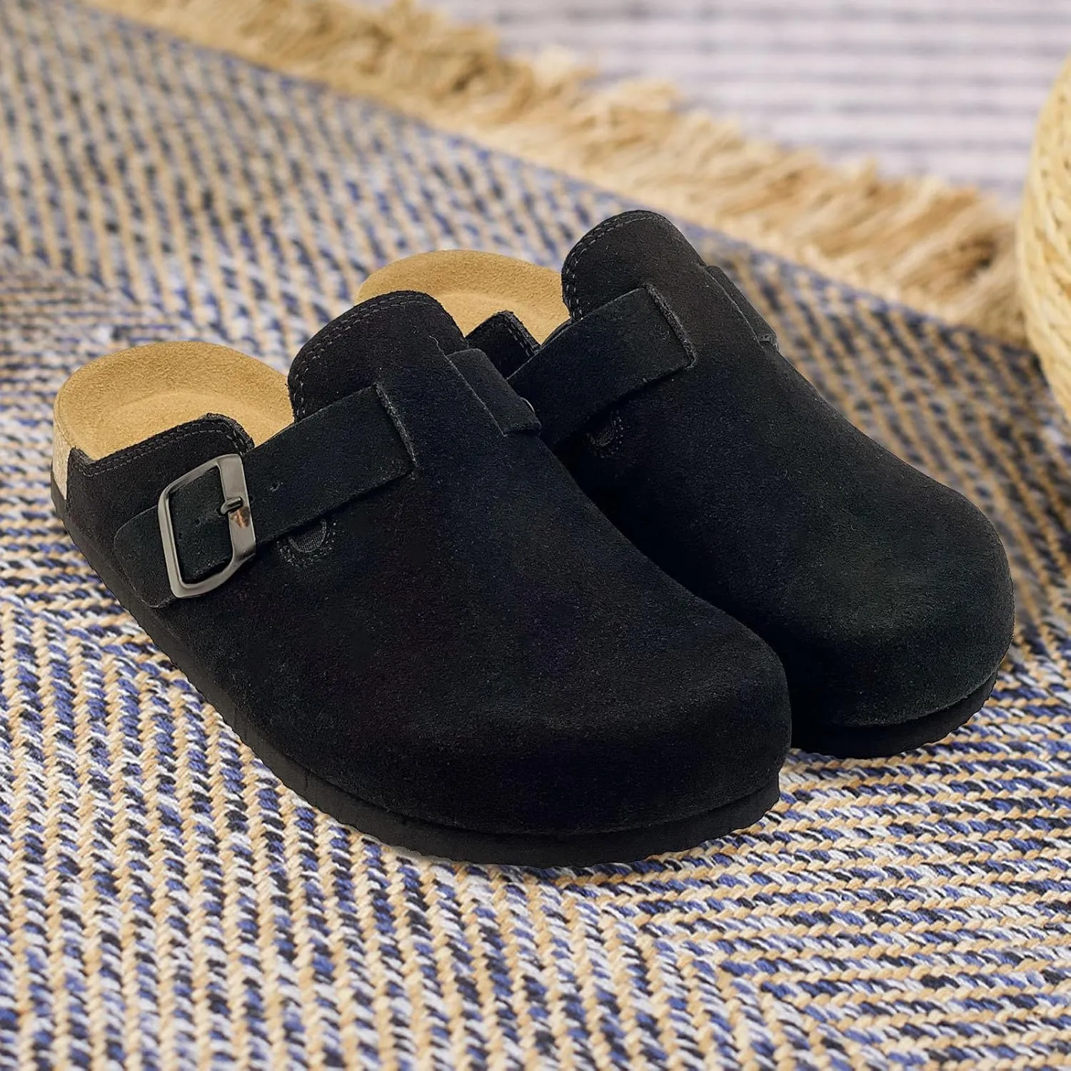 sharllen Women's Suede Clogs Leather Mules Arch Support Sandals Men's Potato Shoes Platform Boots Slippers for Women Comfort Cork Footbed Strap Adjustable Buckle