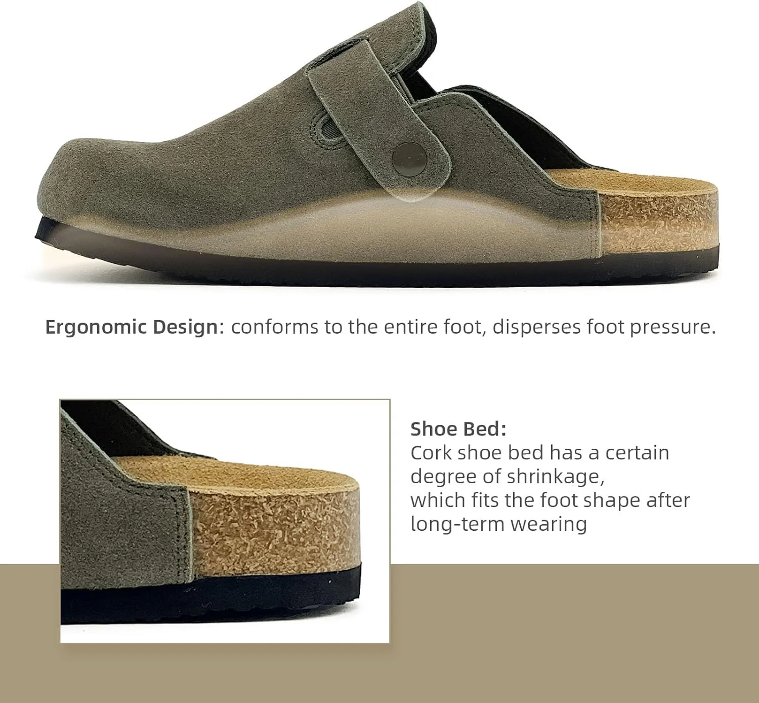 sharllen Women's Suede Clogs Leather Mules Arch Support Sandals Men's Potato Shoes Platform Boots Slippers for Women Comfort Cork Footbed Strap Adjustable Buckle
