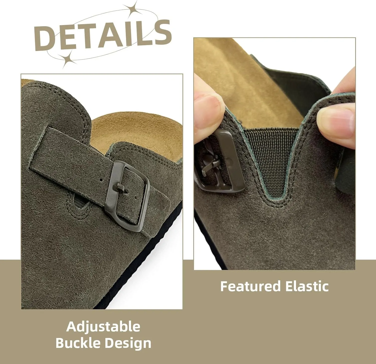 sharllen Women's Suede Clogs Leather Mules Arch Support Sandals Men's Potato Shoes Platform Boots Slippers for Women Comfort Cork Footbed Strap Adjustable Buckle