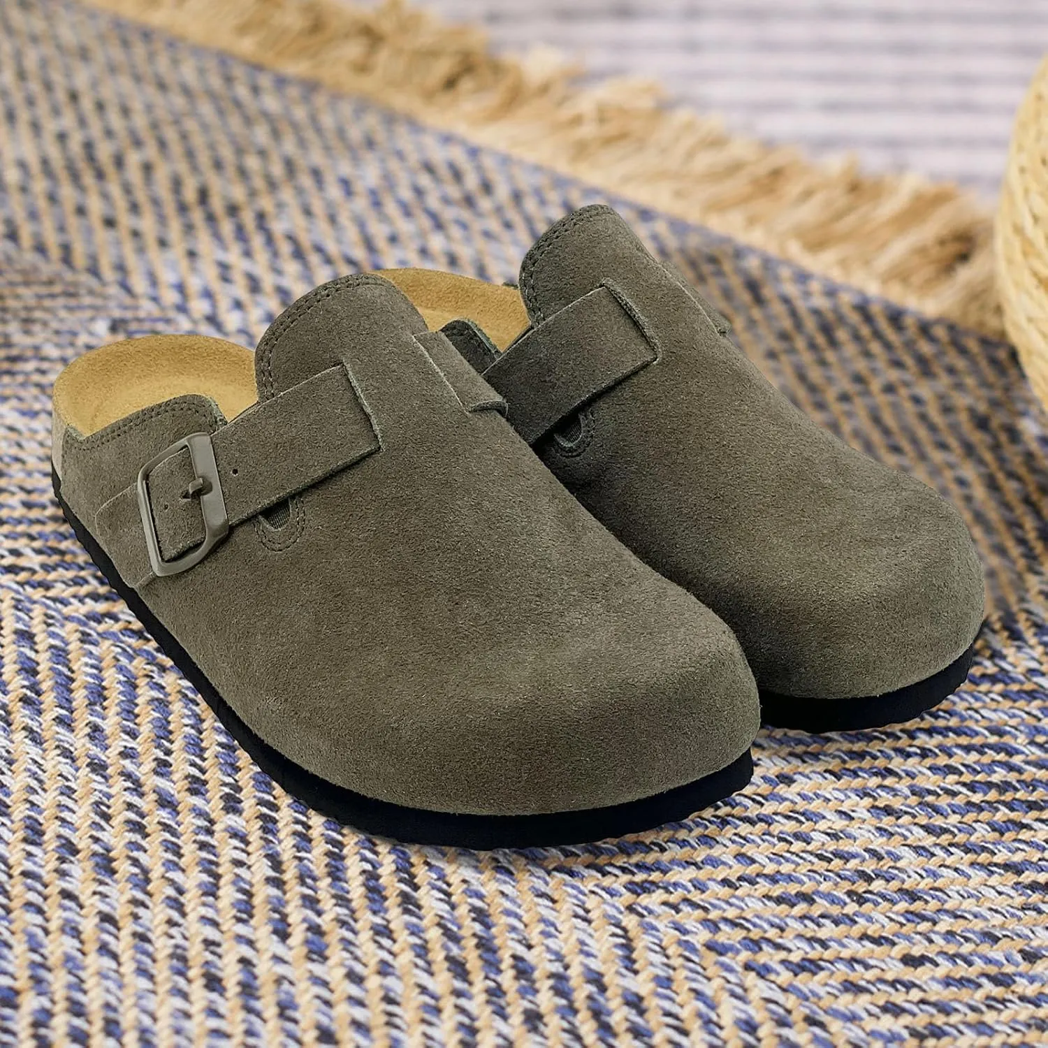 sharllen Women's Suede Clogs Leather Mules Arch Support Sandals Men's Potato Shoes Platform Boots Slippers for Women Comfort Cork Footbed Strap Adjustable Buckle