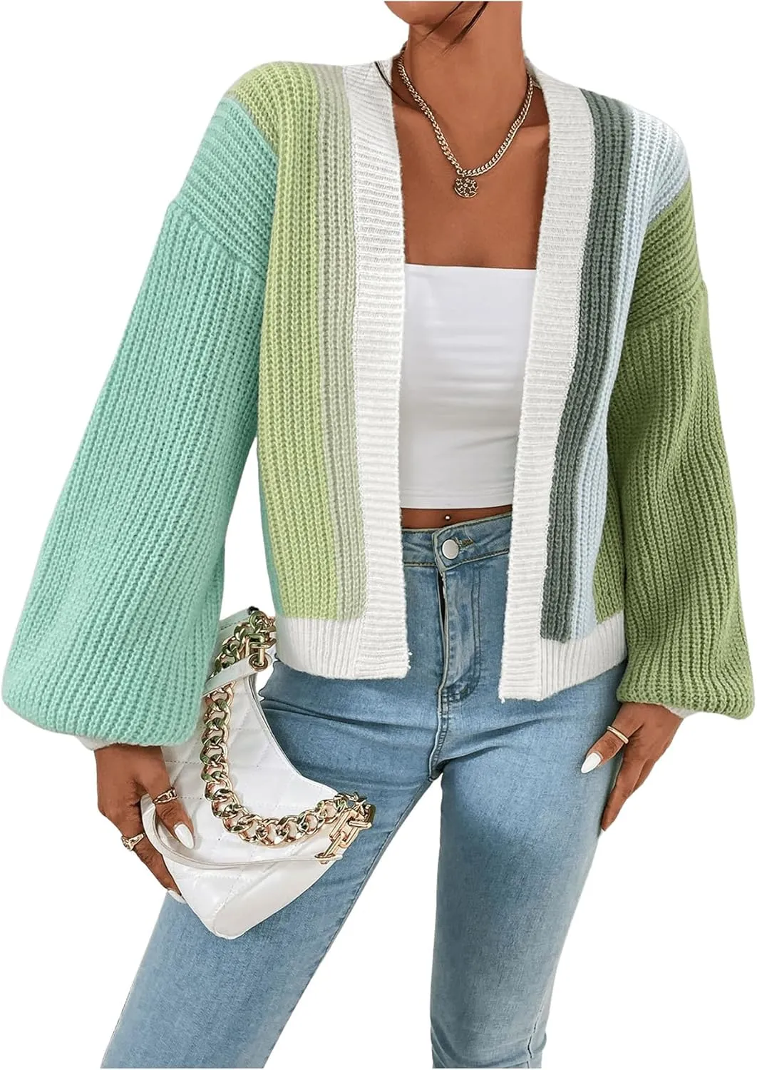 SHENHE Women's Color Block Open Front Long Sleeve Ribbed Knit Cropped Cardigan Sweaters