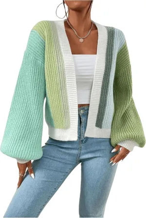 SHENHE Women's Color Block Open Front Long Sleeve Ribbed Knit Cropped Cardigan Sweaters