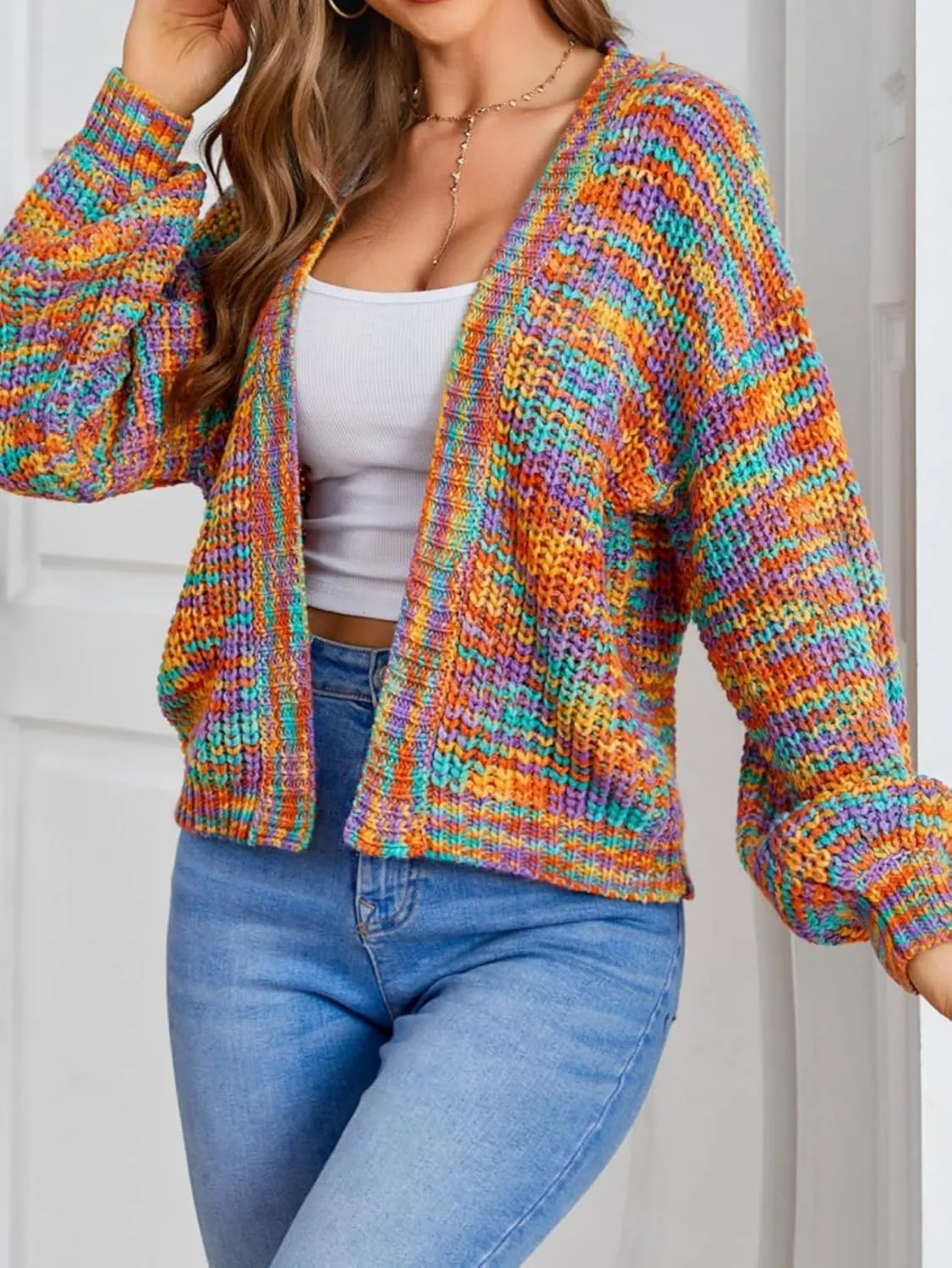 SHENHE Women's Color Block Open Front Long Sleeve Ribbed Knit Cropped Cardigan Sweaters