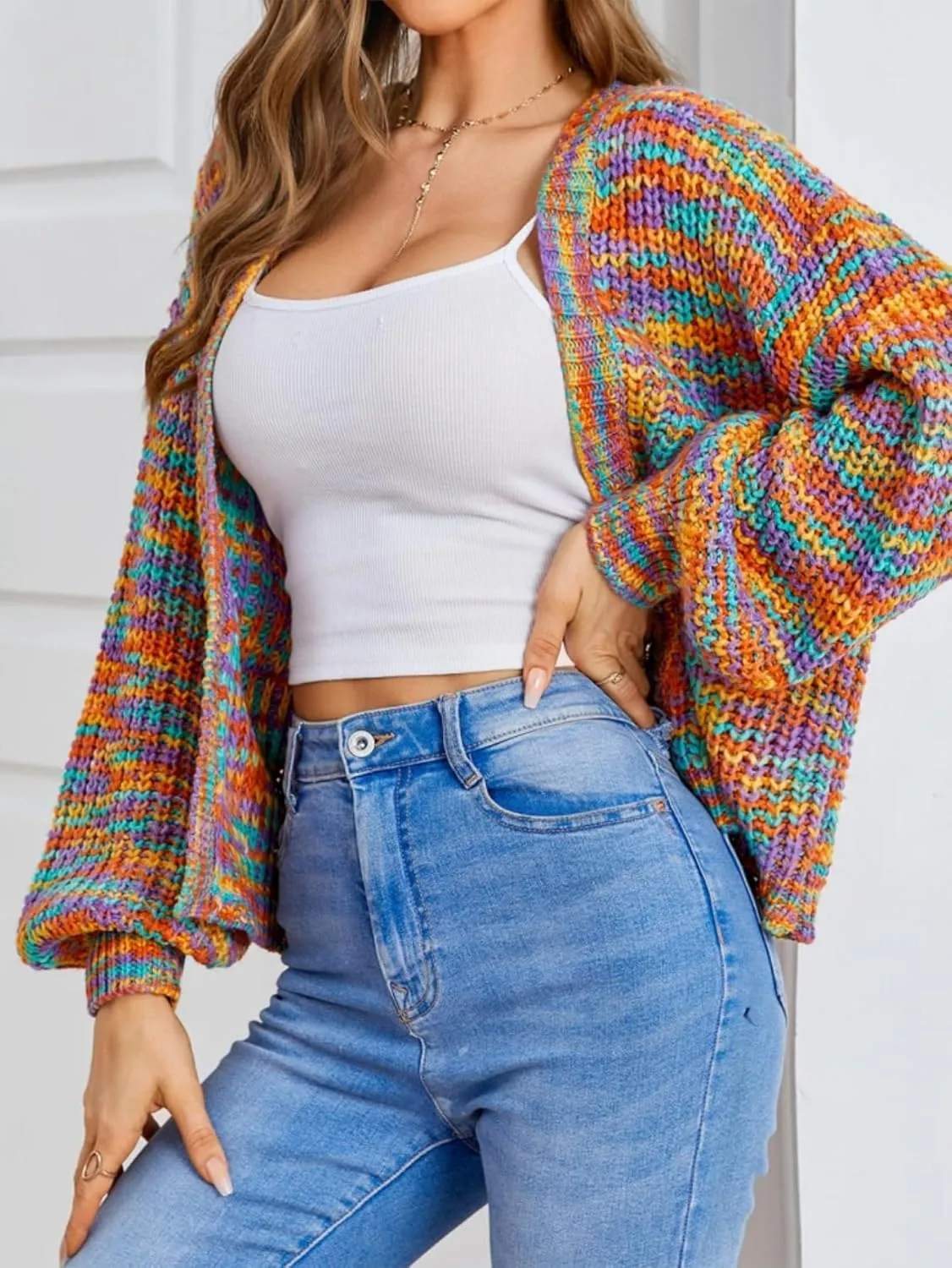 SHENHE Women's Color Block Open Front Long Sleeve Ribbed Knit Cropped Cardigan Sweaters