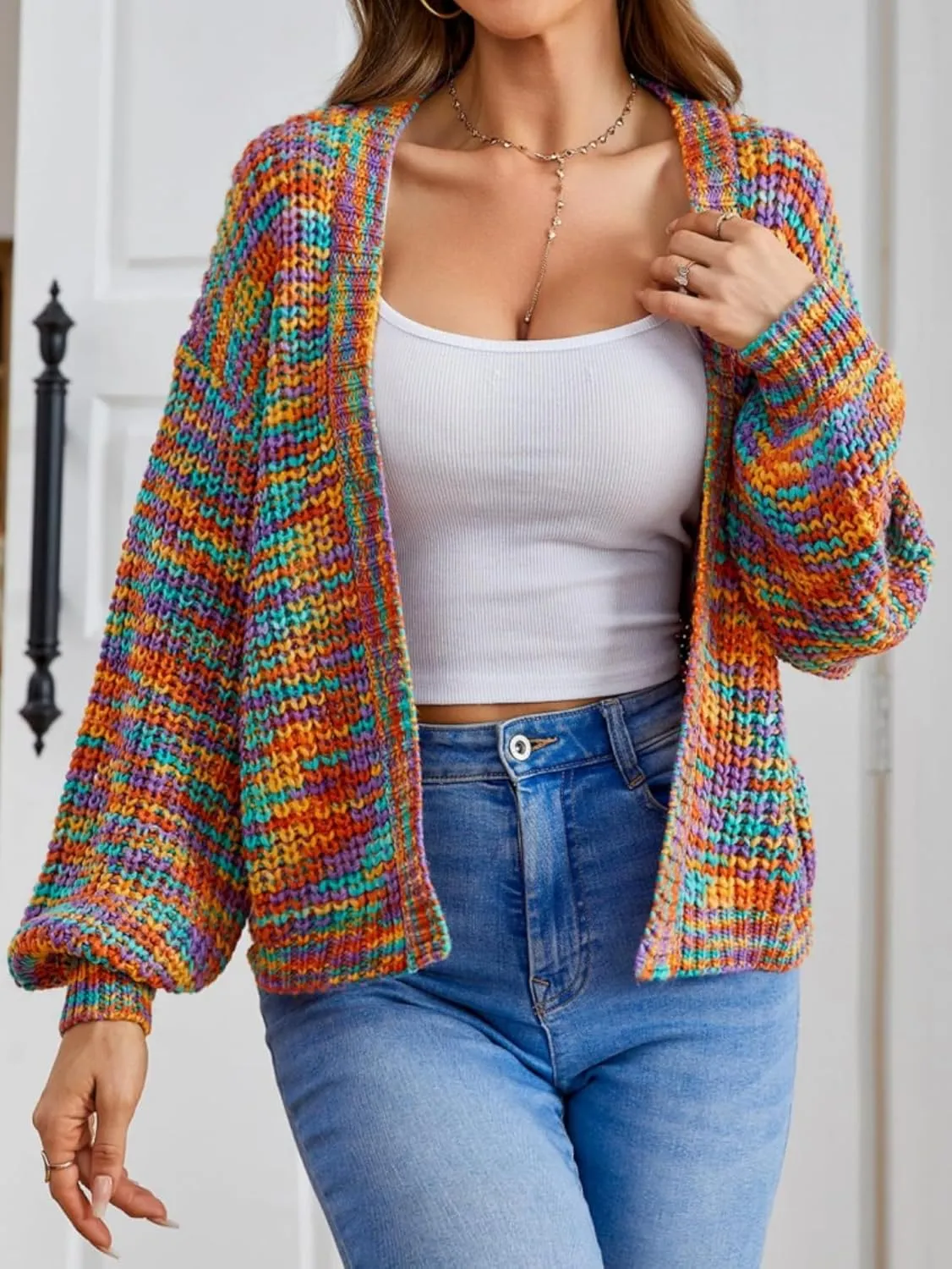 SHENHE Women's Color Block Open Front Long Sleeve Ribbed Knit Cropped Cardigan Sweaters