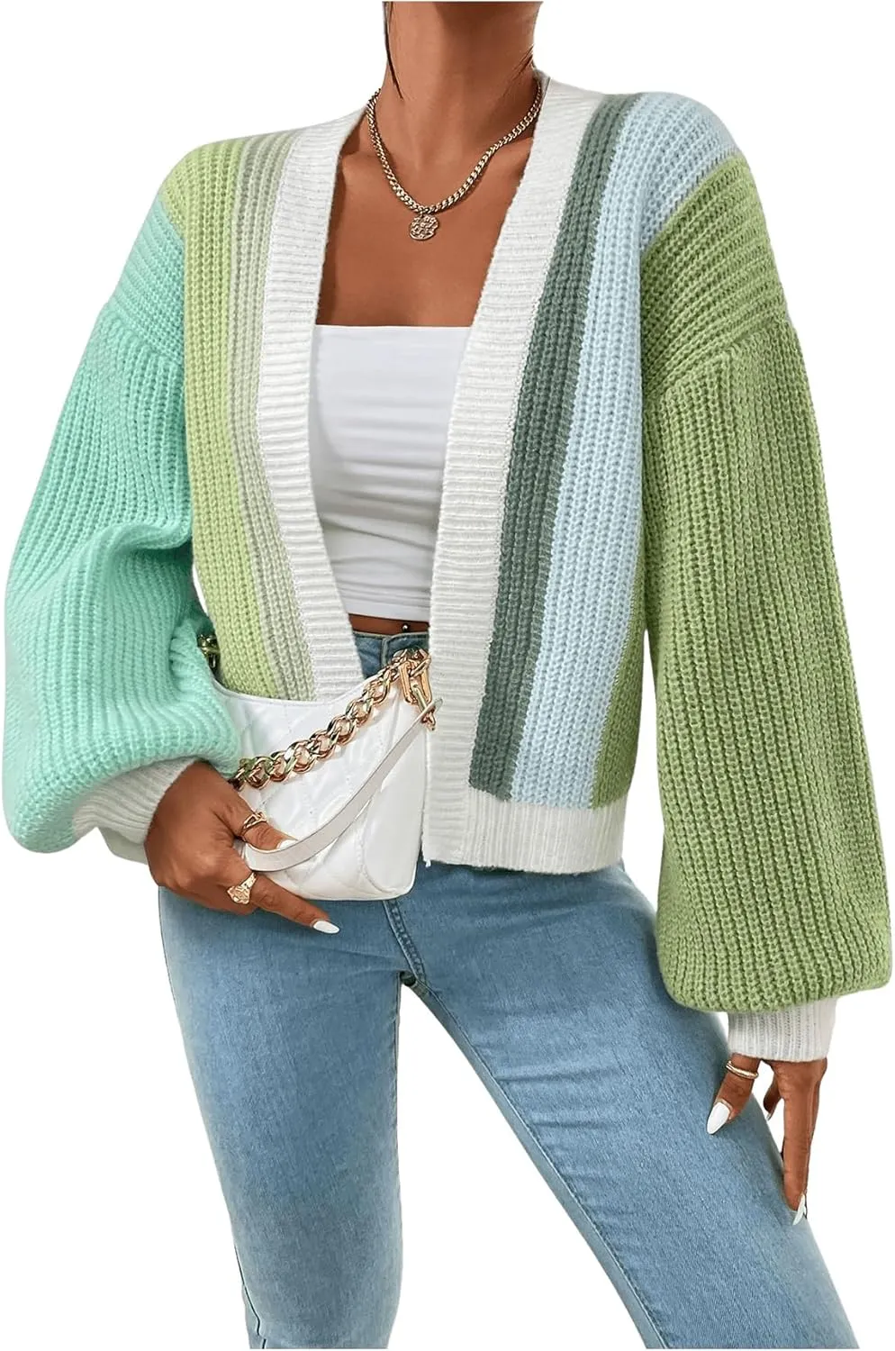 SHENHE Women's Color Block Open Front Long Sleeve Ribbed Knit Cropped Cardigan Sweaters