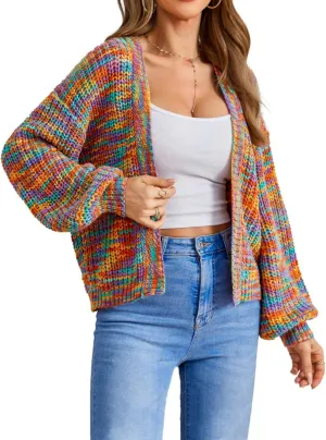 SHENHE Women's Color Block Open Front Long Sleeve Ribbed Knit Cropped Cardigan Sweaters