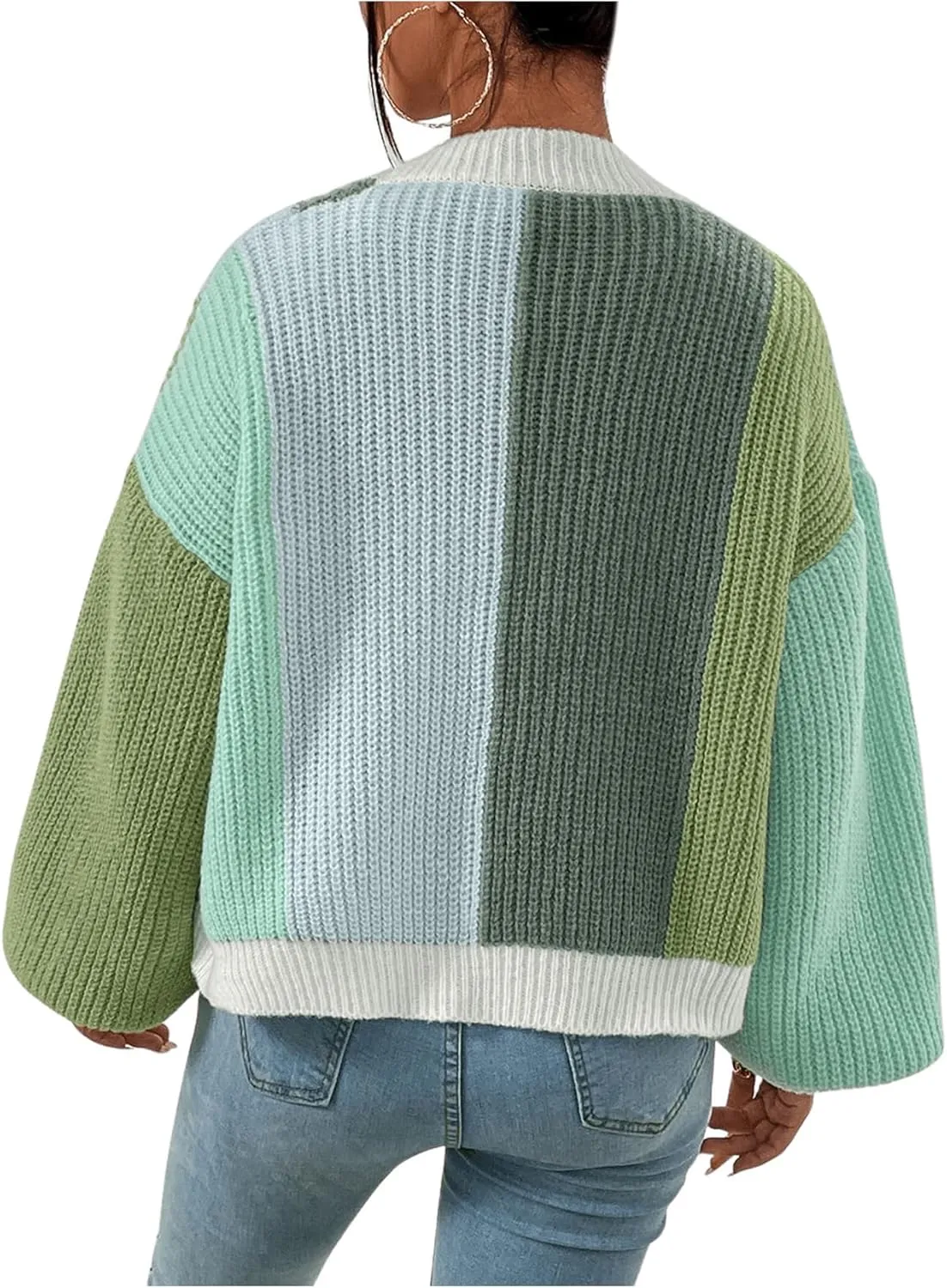 SHENHE Women's Color Block Open Front Long Sleeve Ribbed Knit Cropped Cardigan Sweaters