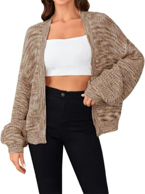 SHENHE Women's Color Block Open Front Long Sleeve Ribbed Knit Cropped Cardigan Sweaters