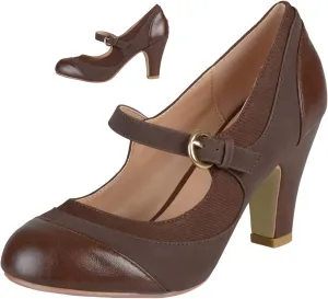 SHODENSE Women Kitten Heel Mary Jane Pumps Closed Round Toe Ankle Strap Patchwork Comfy 3” Mid Chunky Mary Jane Heels Cap Toe Two Tone Buckle Dress Shoes Ladies Wedding Vintage 4-11 M US