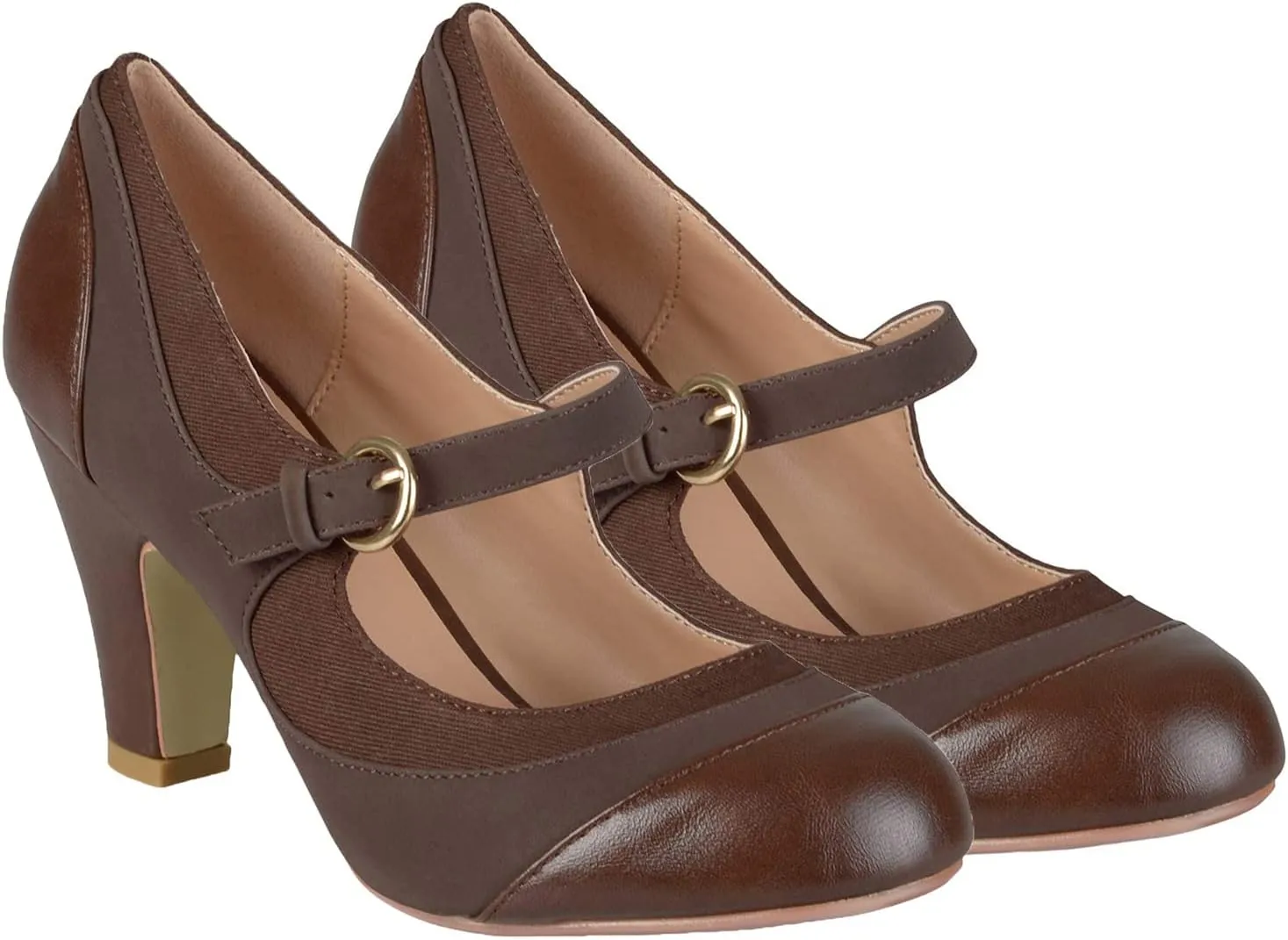 SHODENSE Women Kitten Heel Mary Jane Pumps Closed Round Toe Ankle Strap Patchwork Comfy 3” Mid Chunky Mary Jane Heels Cap Toe Two Tone Buckle Dress Shoes Ladies Wedding Vintage 4-11 M US