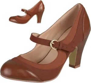 SHODENSE Women Kitten Heel Mary Jane Pumps Closed Round Toe Ankle Strap Patchwork Comfy 3” Mid Chunky Mary Jane Heels Cap Toe Two Tone Buckle Dress Shoes Ladies Wedding Vintage 4-11 M US