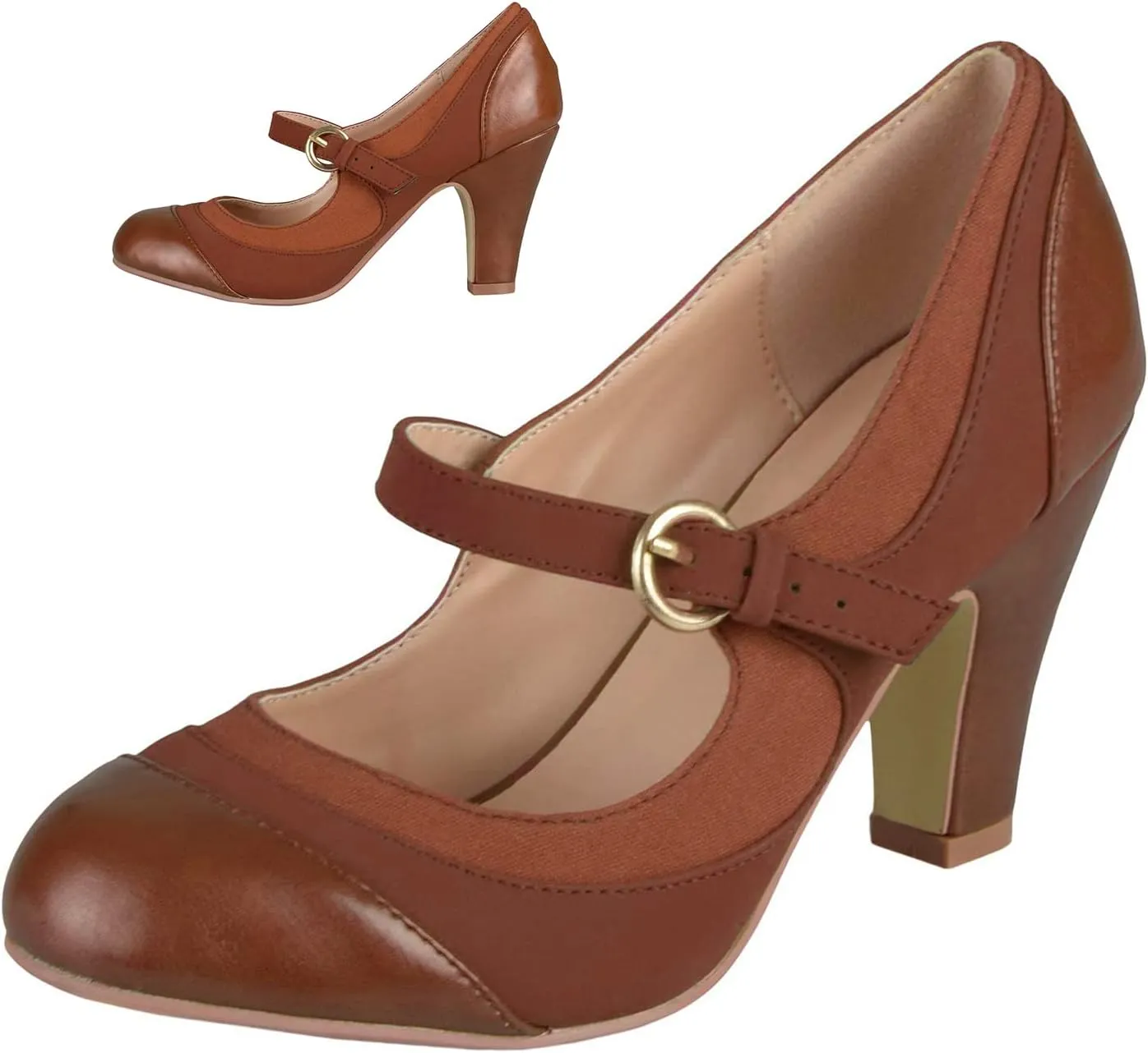 SHODENSE Women Kitten Heel Mary Jane Pumps Closed Round Toe Ankle Strap Patchwork Comfy 3” Mid Chunky Mary Jane Heels Cap Toe Two Tone Buckle Dress Shoes Ladies Wedding Vintage 4-11 M US