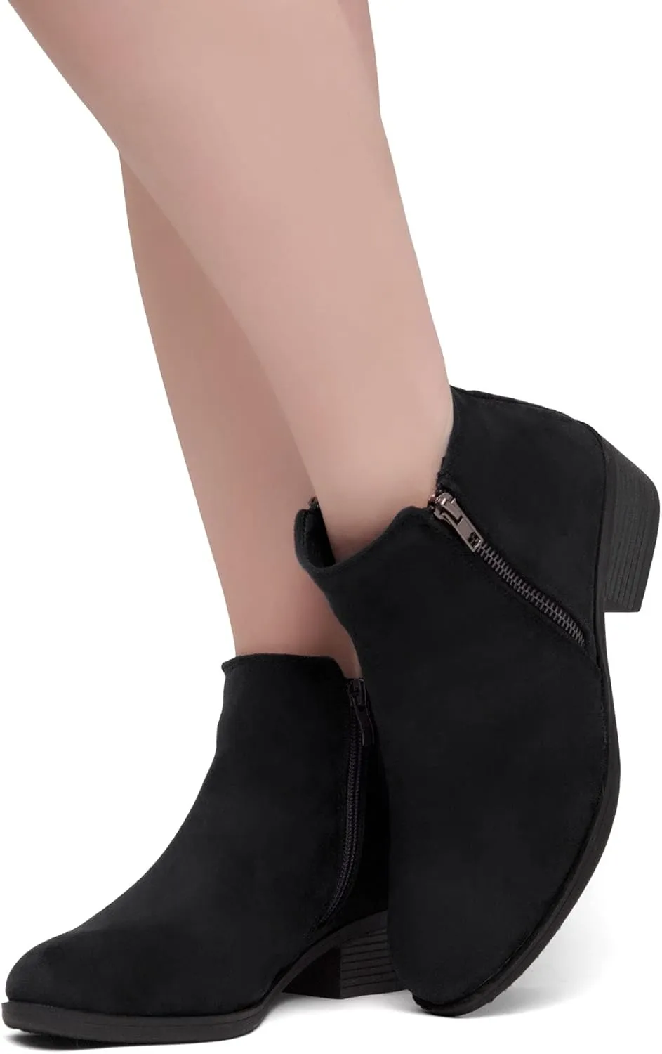Shoe Land Ellaire Women's Ankle Booties Chunky Low Heeled Zipper Boots Black booties Almond Toe Slip on Walking Shoes