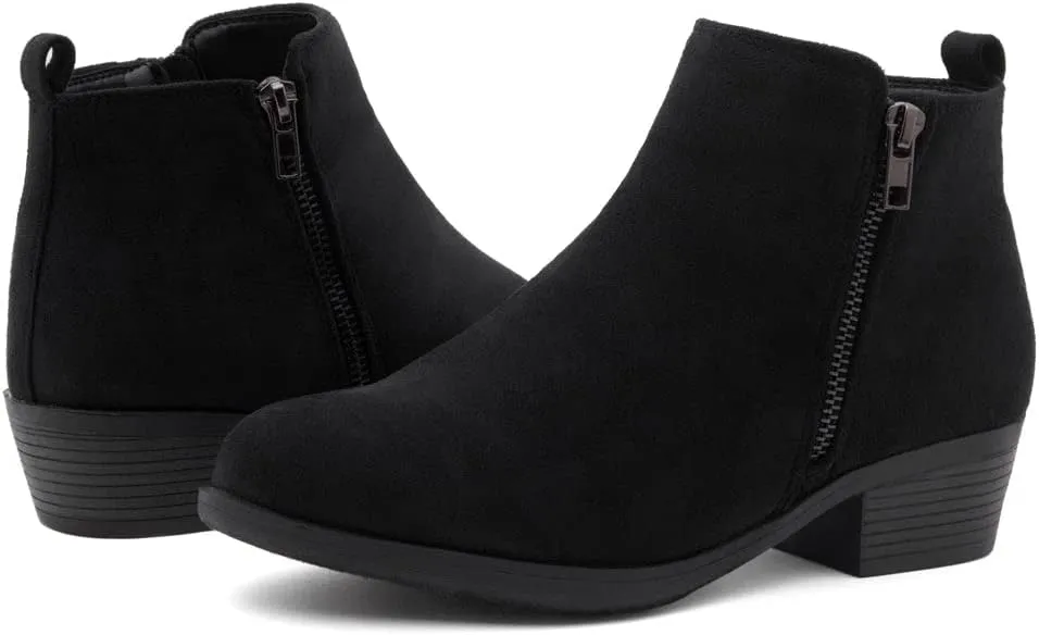 Shoe Land Ellaire Women's Ankle Booties Chunky Low Heeled Zipper Boots Black booties Almond Toe Slip on Walking Shoes
