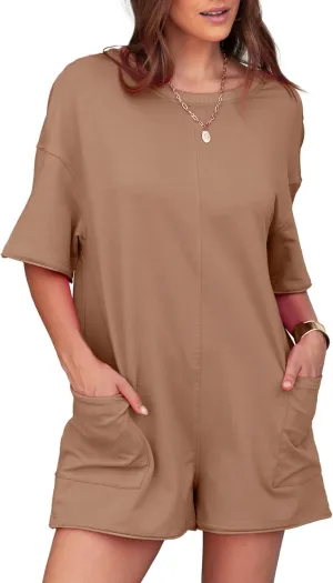 Simplee Summer Rompers for Women 2025 Reversible Backless Hot Shot Tee Romper Short Sleeve Maternity Romper With Pockets