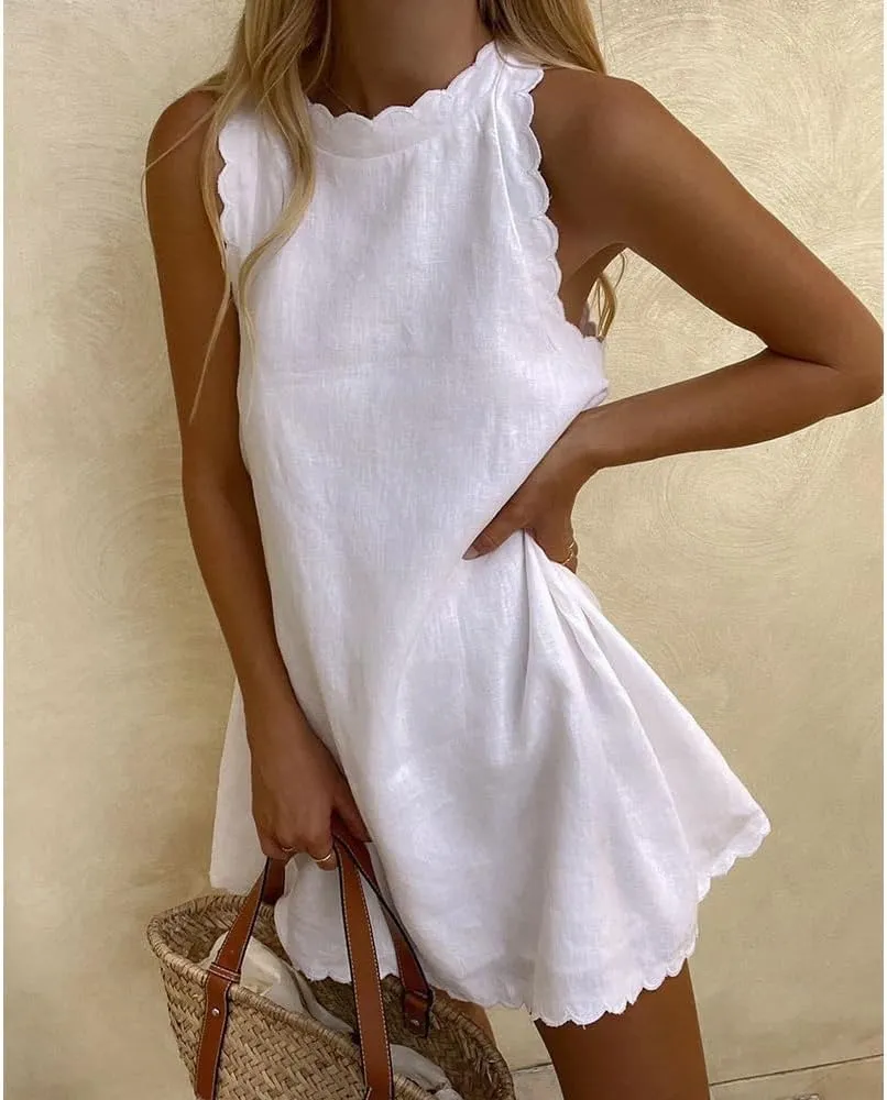 Sleeveless Cotton Linen Tank Dress for Women Scallop Neck Loose Casual Summer Mini Short Dresses