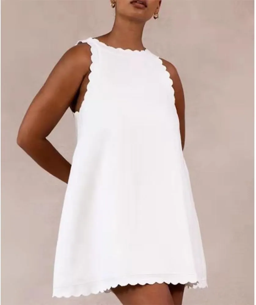 Sleeveless Cotton Linen Tank Dress for Women Scallop Neck Loose Casual Summer Mini Short Dresses