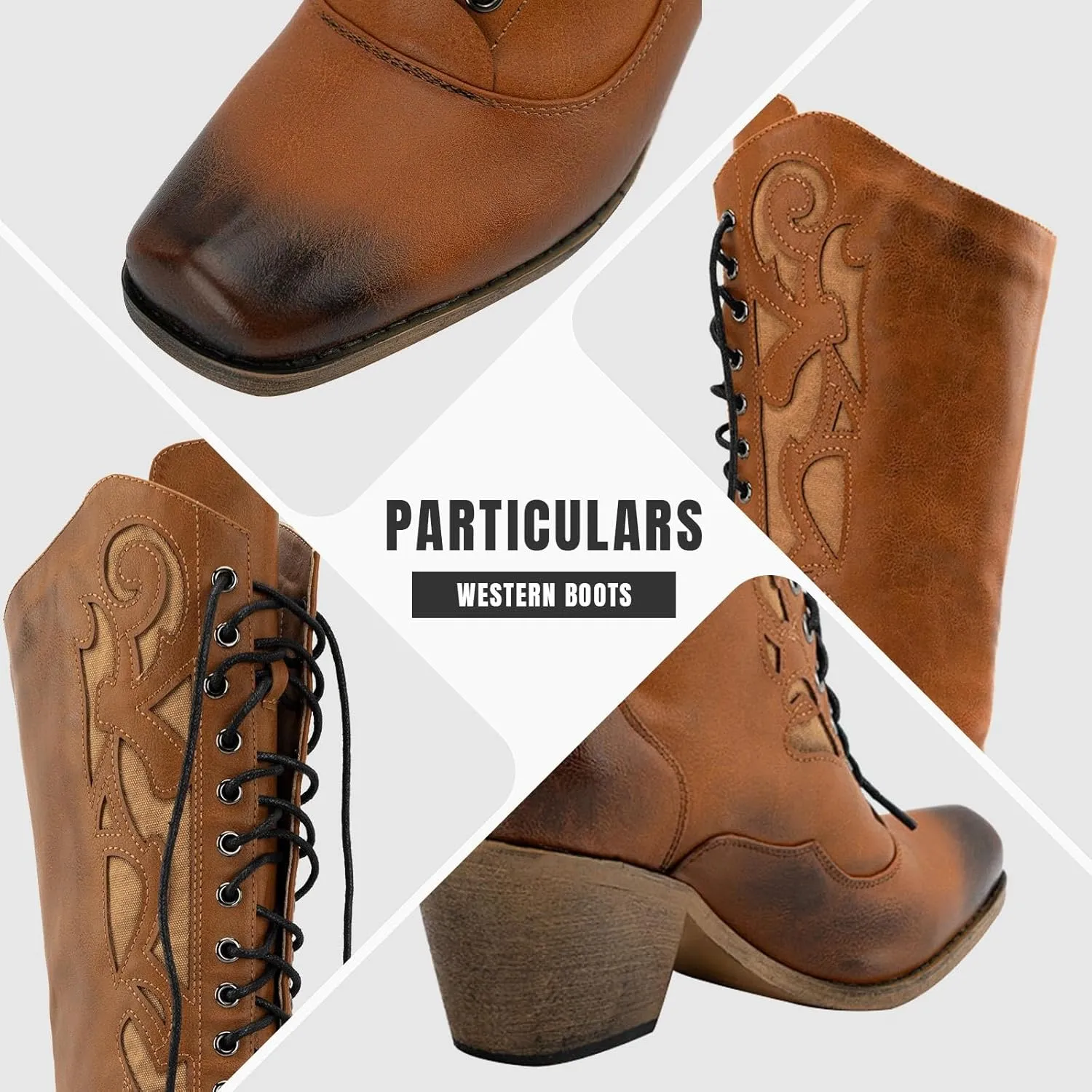 SO SIMPOK Lace Up Cowboy Boots for Women, Vintage Knee-High Cowgirl Boot, Low Heel Mid Calf Western Boots, Tall Square Toe Boot for Ladies